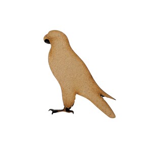 May include: A wooden hawk cutout in profile, facing left. The bird is light brown with a darker brown beak and black talons. The hawk is set against a white background.