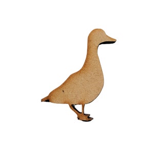 May include: A wooden duck cutout in a light brown shade. The duck is shown in a walking position, with its head and beak up. Ideal for craft projects and decorative purposes.