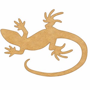 May include: A flat, light brown lizard cutout made of compressed wood fibres. The silhouette features a long, curved tail, four legs with splayed toes, and a pointed head, presented as a single, solid, two-dimensional decorative shape.