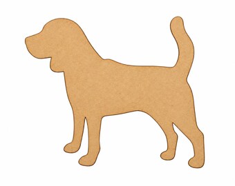 May include: A flat, tan-coloured dog silhouette cutout made of a smooth, matte material. The dog is depicted in a standing profile view, facing left, with its tail pointed upward and four legs visible, showcasing a simple, clean-edged shape.