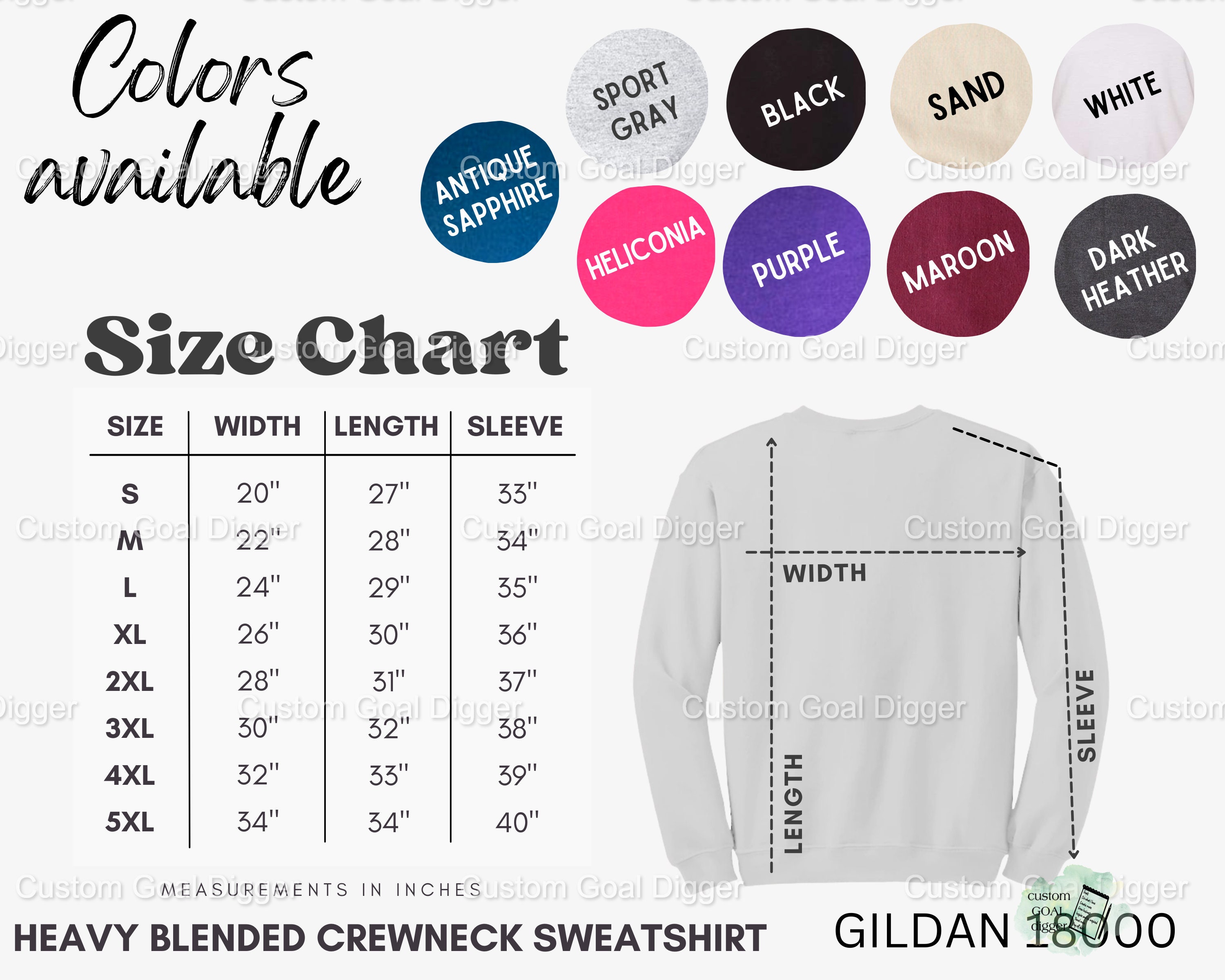 Gildan 18000 Crewneck Sweatshirt Color Chart Mockup Bundle W/ Size ...
