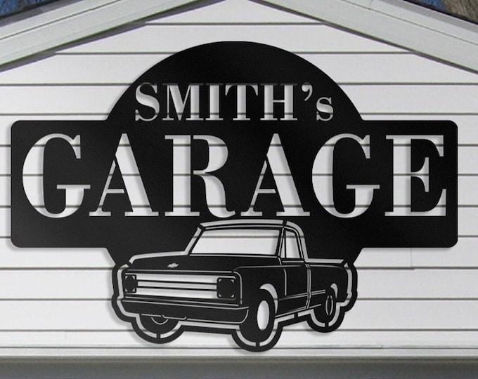 Dad’s Garage Metal Sign with Chevy Truck – Personalized Custom Garage Wall Art, Gift for Dad or Husband, Vintage Pickup Outdoor Shop Decor