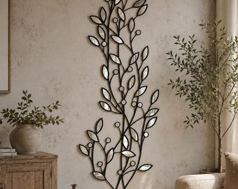 Leaf Mirror Wall Art, Botanical Mirror Wall Decor, Black Metal Wall Sculpture