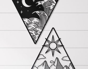 Triangle metal wall art set, Moon and sun wall decor metal, Geometric triangle wall art metal, black geometric wall art with moon and sun