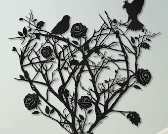 Heart Rose Bird Wall Art, Romantic Nature Decor, Love Theme Wall Decor, Anniversary Gift