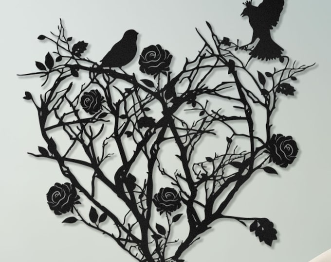 Heart Rose Bird Wall Art, Romantic Nature Decor, Love Theme Wall Decor, Anniversary Gift