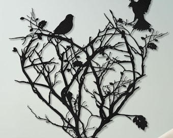 Heart Rose Bird Metal Wall Art, Romantic Nature Decor, Love Theme Home Accent, Metal Tree of Life Wall Art, Heart with Love Birds Decor