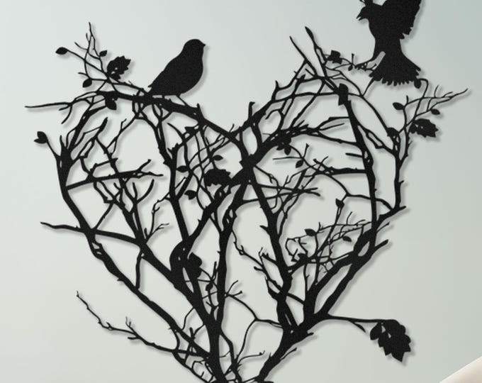 Heart Rose Bird Metal Wall Art, Romantic Nature Decor, Love Theme Home Accent, Metal Tree of Life Wall Art, Heart with Love Birds Decor