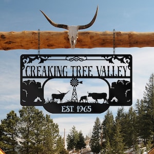 Letrero de granja del valle, Letrero de metal personalizado con el nombre de la granja, Letrero de metal grande con el nombre, Letrero de metal del rancho, Letrero de bienvenida al rancho, Letrero de la casa de la granja