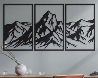 Minimalist Black Metal Mountain Wall Art: Triptych Mountain Silhouette