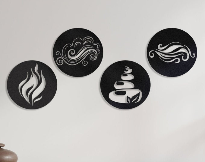 Four elements metal wall decor, Fire Water Air Earth metal wall art, Metal wall art for living room, Metal wall art for dining room, 4 Pcs