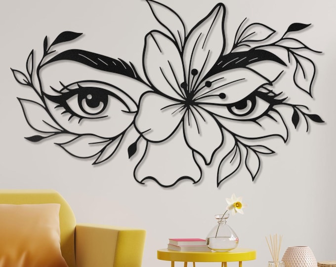 Woman Eyes Metal Wall Art: Botanical Face Silhouette Decor