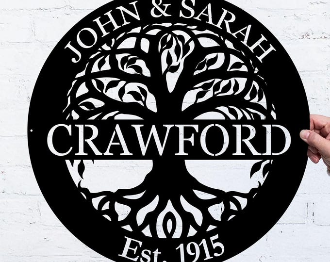 Custom Metal Family Name Sign: Tree of Life, Boho Wall Plaque