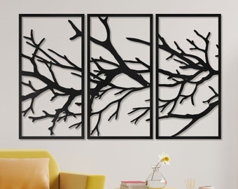 Metal tree branch wall decor,  Black tree branch metal wall decor, 3 piece metal branch wall décor set