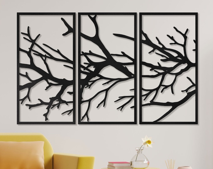 Metal tree branch wall decor,  Black tree branch metal wall decor, 3 piece metal branch wall décor set