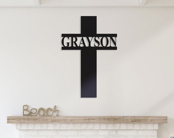 Cross Metal Name Sign - Split Letter Name Sign - Personalized Last Name Sign - Door Hanger - Custom cross name sign, Cross metal wall decor