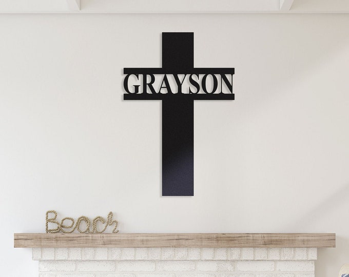 Cross Metal Name Sign - Split Letter Name Sign - Personalized Last Name Sign - Door Hanger - Custom cross name sign, Cross metal wall decor
