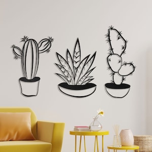 Metal Cactus Wall Art: Potted Plant Decor, Set of 3