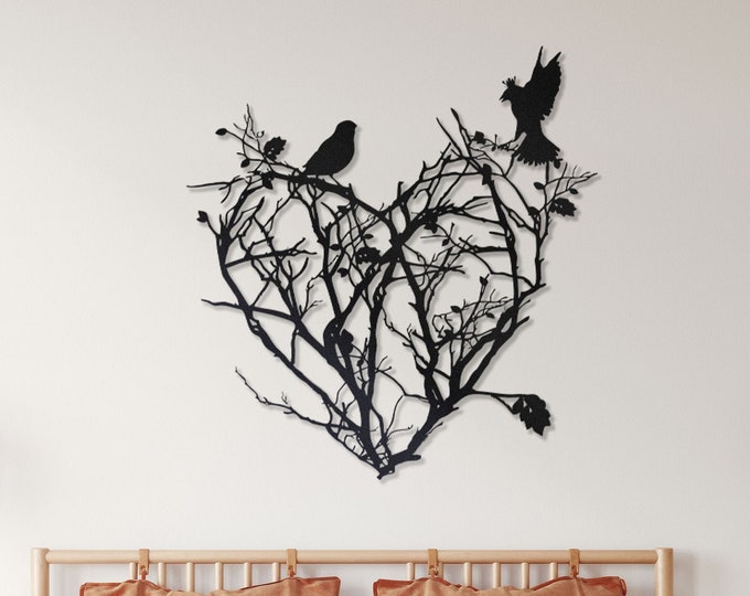 Metal Tree of Life Wall Art: Heart with Love Birds Decor
