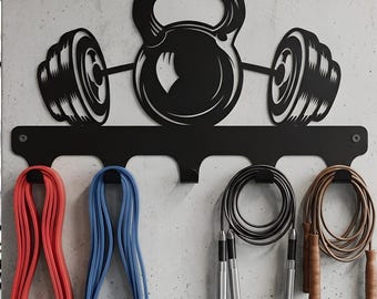Gym Wall Organizer with Kettlebell Design | Jump Rope Holder | Resistance Band Rack | Metal Garage Gym Storage | Home Gym Organizer