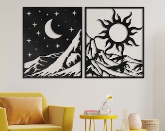 Moon and sun, Metal wall art, Metal moon and sun wall art, Metal sun and moon decor, Mountain metal wall art, Sun and moon signs, Metal art