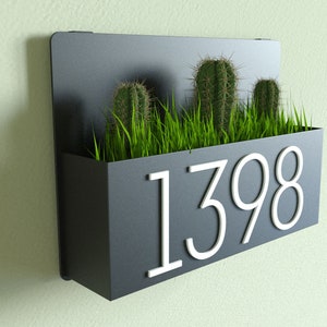 Planter house number sign metal, Custom wall mounted house number decor, Minimalist house number wall art metal, Custom address plaque