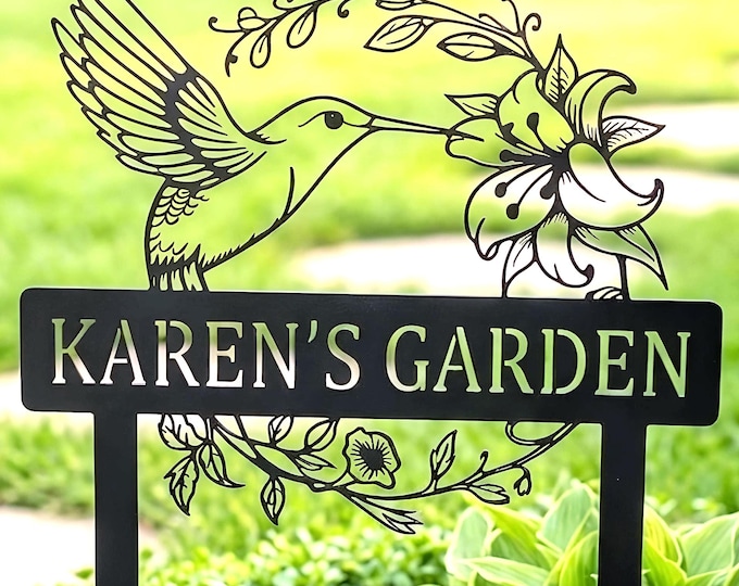 Personalized Hummingbird Garden Sign, Custom Metal Garden Stake, Floral Yard Decor, Outdoor Name Sign, Gift for Garden Lovers