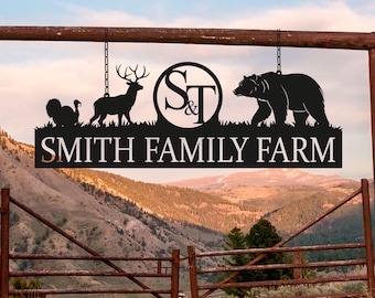 Large Custom Farm Entrance Sign, Personalized Ranch Gate Sign, Family Name Metal Sign, Deer Bear Monogram