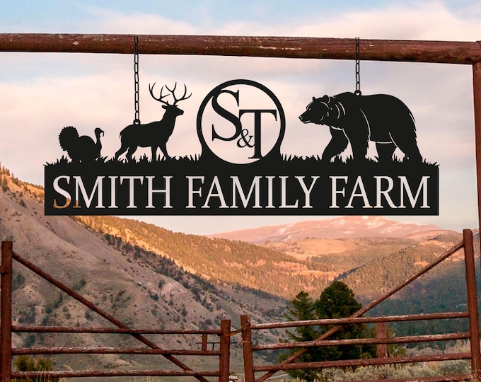 Large Custom Farm Entrance Sign, Personalized Ranch Gate Sign, Family Name Metal Sign, Deer Bear Monogram