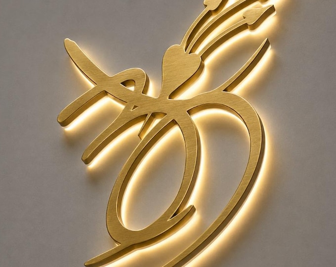 Custom Metal Business Sign with Illuminated Gold Calligraphy Logo | For Shops, Salons, Spas, Offices | Modern Storefront Decor