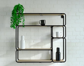 Modern Wall Shelf, Industrial Floating Shelves, Geometric Metal Wall Shelving, Black Metal and Wood Display Shelf, Minimalist Home Decor