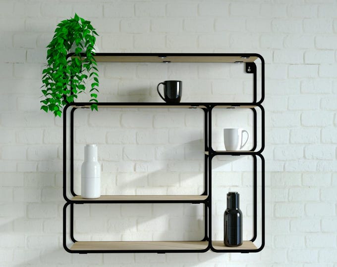 Modern Wall Shelf, Industrial Floating Shelves, Geometric Metal Wall Shelving, Black Metal and Wood Display Shelf, Minimalist Home Decor