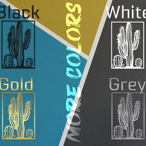 Puede incluir: Cuatro im&aacute;genes de una silueta de cactus en diferentes colores: negro, blanco, dorado y gris. Las im&aacute;genes est&aacute;n dispuestas en una cuadr&iacute;cula con el nombre del color encima de cada imagen.