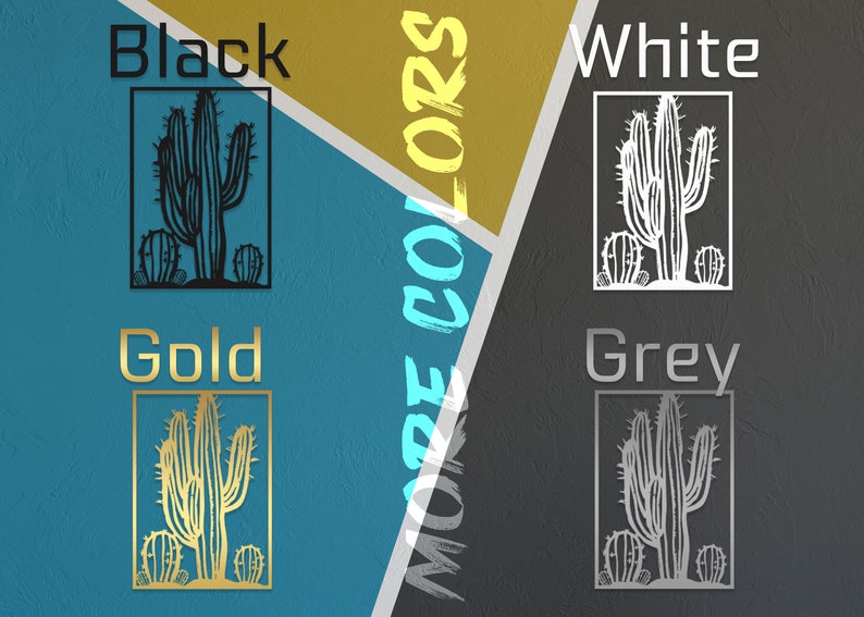 Puede incluir: Cuatro im&aacute;genes de una silueta de cactus en diferentes colores: negro, blanco, dorado y gris. Las im&aacute;genes est&aacute;n dispuestas en una cuadr&iacute;cula con el nombre del color encima de cada imagen.