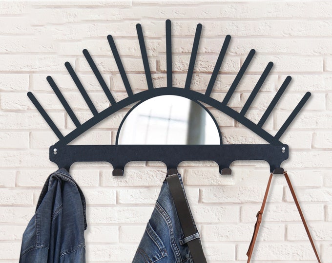 Eye coat rack, mirror coat hook rack, Entryway wall coat rack hanger, eye metal coat hanger, 6 or 5 hooks coat hanger, eye mirror wall art