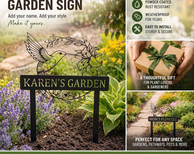 Personalized Hummingbird Garden Sign, Custom Metal Garden Stake, Floral Yard Decor, Outdoor Name Sign, Gift for Garden Lovers