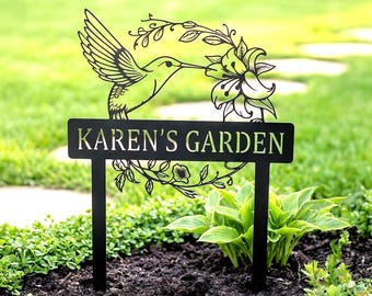 Personalized Hummingbird Garden Sign, Custom Metal Garden Stake, Floral Yard Decor, Outdoor Name Sign, Gift for Garden Lovers