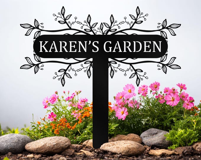 Personalized Metal Garden Sign with Stake | Custom Name or Address Yard Sign | Floral Garden Name Sign | Outdoor Decor Gift