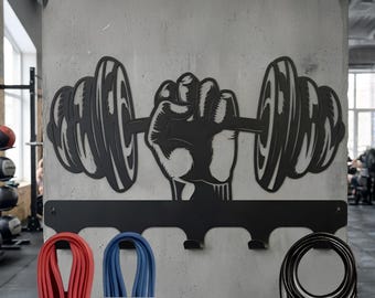 Engineered Gym Organizer Wall Mount | Heavy Duty Metal Hook Rack | Jump Rope & Resistance Band Holder | Industrial Garage Gym Storage