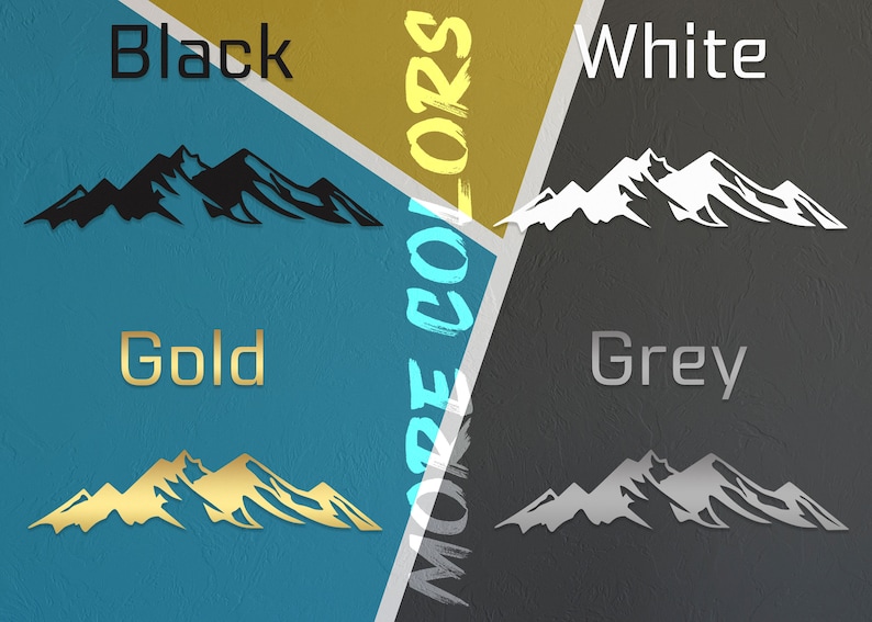 May include: Four mountain range silhouette decals in different colors: black, white, gold, and grey. The decals are displayed on a background of four different colors: blue, gold, grey, and black.