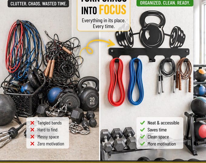 Kettlebell Barbell Gym Wall Organizer | Jump Rope, Resistance Band Rack Storage