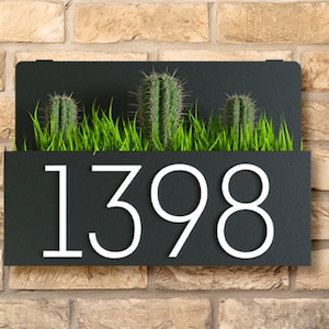 Metal Address Sign with Planter Box: Modern House Numbers