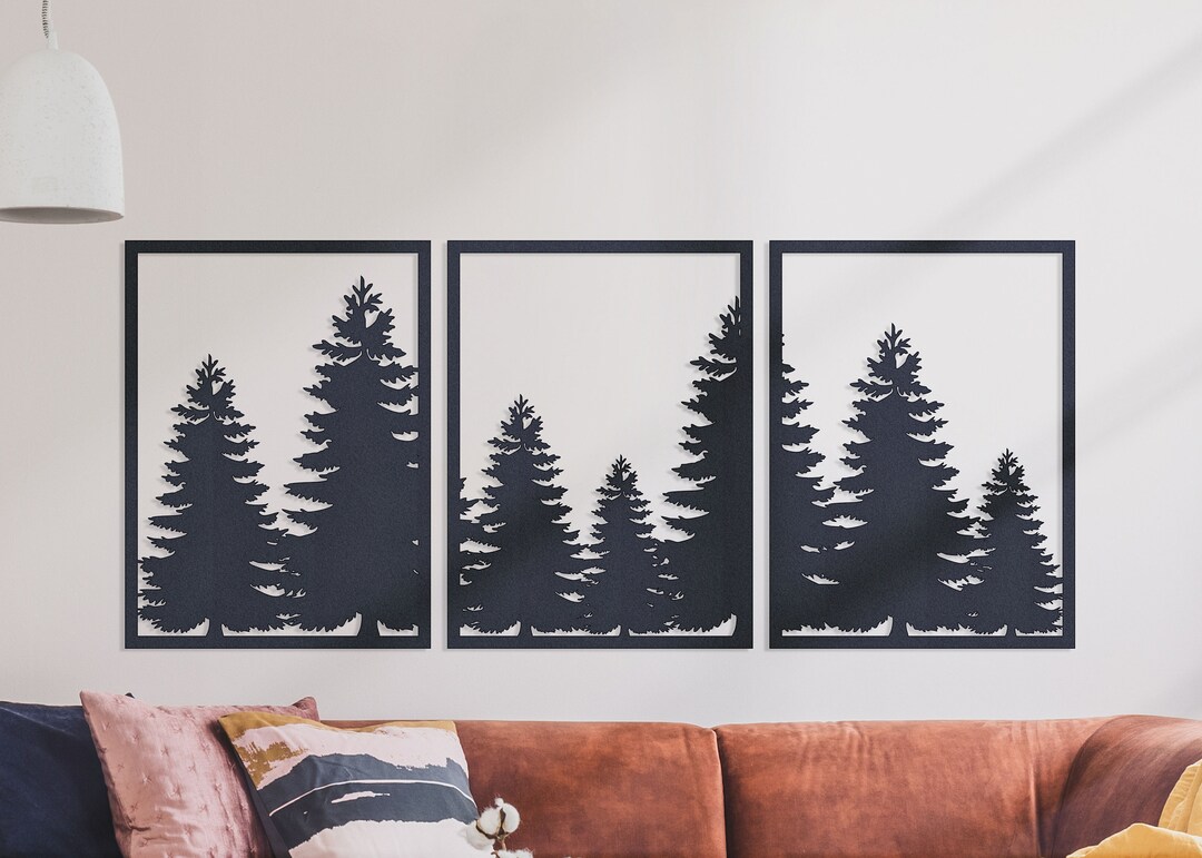 Pine Tree Metal Wall Art Set, Rustic Woodland Wall Hanging, 3 Piece ...