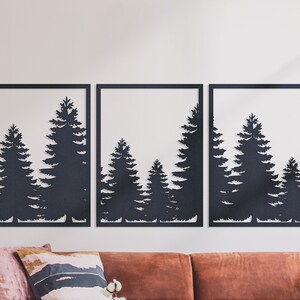 Metal Pine Tree Wall Art, 3 piece pine tree wall decor metal, Forest wall art for bedroom metal, Entryway pine tree wall sculpture