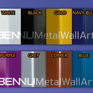 May include: Image showcasing color swatches for metal wall art. Colors include white, black, gold, navy blue, purple, grey, copper, and blue. The brand name "BENNU Metal Wall Art" is displayed in white text.