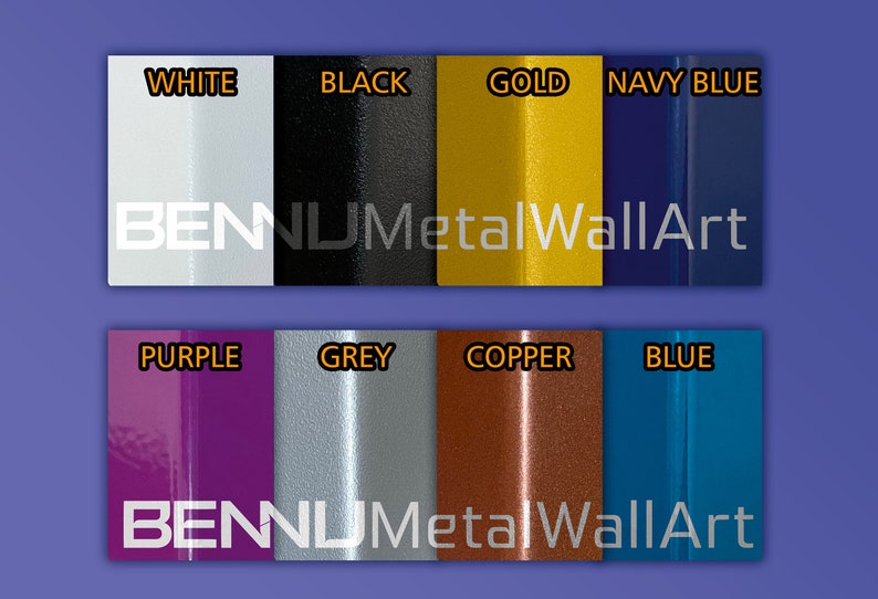 May include: Image showcasing color swatches for metal wall art. Colors include white, black, gold, navy blue, purple, grey, copper, and blue. The brand name "BENNU Metal Wall Art" is displayed in white text.