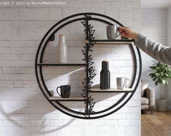 Metal Wood Wall Shelf with Leaf Detail