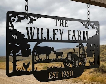 May include: A black metal hanging sign featuring the text THE WILLEY FARM and EST 1980. The design includes silhouettes of a cow, a calf, a tractor, trees, and chickens, all suspended by two black chains from a wooden beam above the landscape.
