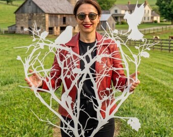 Heart Bird Metal Wall Art, Romantic Nature Decor, Love Theme Home Accent, Metal Tree of Life Wall Art, Heart with Love Birds Decor