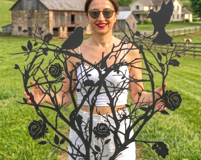 Heart Rose Bird Metal Wall Art, Romantic Nature Decor, Love Theme Home Accent